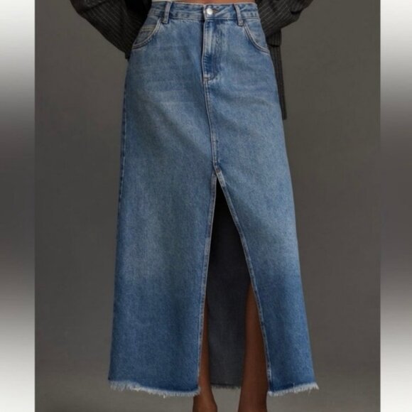 Pilcro Madi Front Slit Denim Maxi Skirt Blue High Waist Raw Hem Women’s 10 - Picture 1 of 6